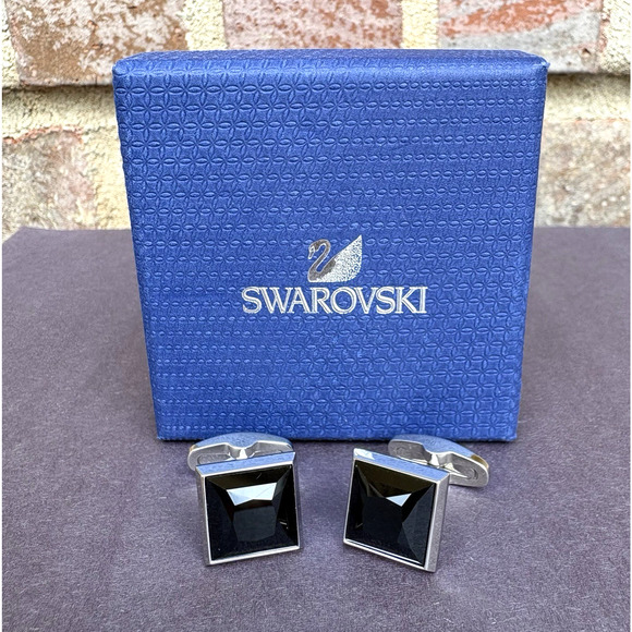 Swarovski Black Crystal Silver Tone Square Cufflinks w/ Gift Box - Picture 1 of 6